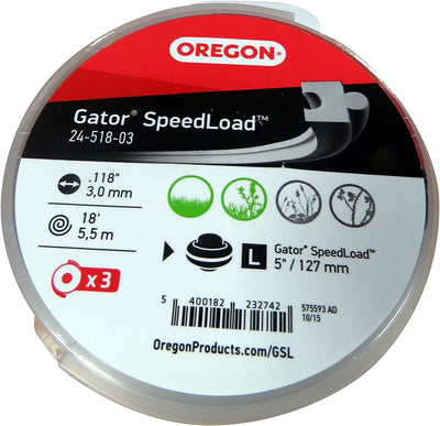 Bobina di filo per decespugliatore Oregon Gator SpeedLoad 24-518-03, diametro 3,0 mm (0.118"), lunghezza 5,5 m (18'), compatibile con testine Gator SpeedLoad da 127 mm (5"), confezione da 3 pezzi. Ottimo per taglio erba e sterpaglie.