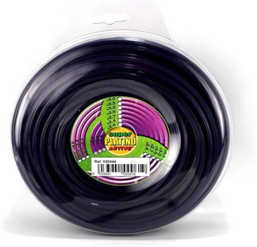 Bobina di filo per decespugliatore Super Platino Active, nero, con diverse misure disponibili. Confezione rotonda trasparente con etichetta colorata. Ref. 020444, codice a barre visibile. Ideale per giardinaggio e cura del prato.