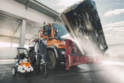 Dettaglio del tamburo integrato per tubo flessibile dell'idropulitrice Stihl