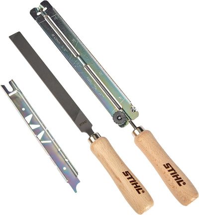 Set di lime per affilatura Stihl, include lime tonde e piatte con manici in legno, ideale per la manutenzione di catene per motoseghe, strumenti di alta qualità per una perfetta affilatura e lunga durata.