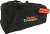 Borsa sportiva nera STIHL TIMBERSPORTS con logo arancione e bianco, tracolla regolabile con imbottitura arancione