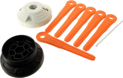 Testina di ricambio per decespugliatore Stihl con lame in plastica arancione, set completo di 6 lame, copertura superiore bianca e inferiore nera, ideale per taglio erba e manutenzione giardino.