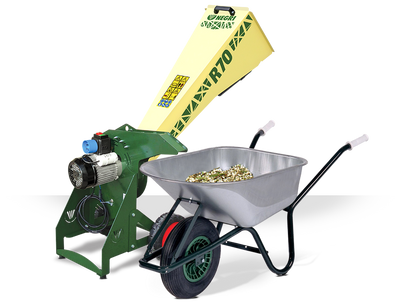Biotrituratore elettrico Negri R70 con tramoggia, ruote grandi e sistema di taglio a disco