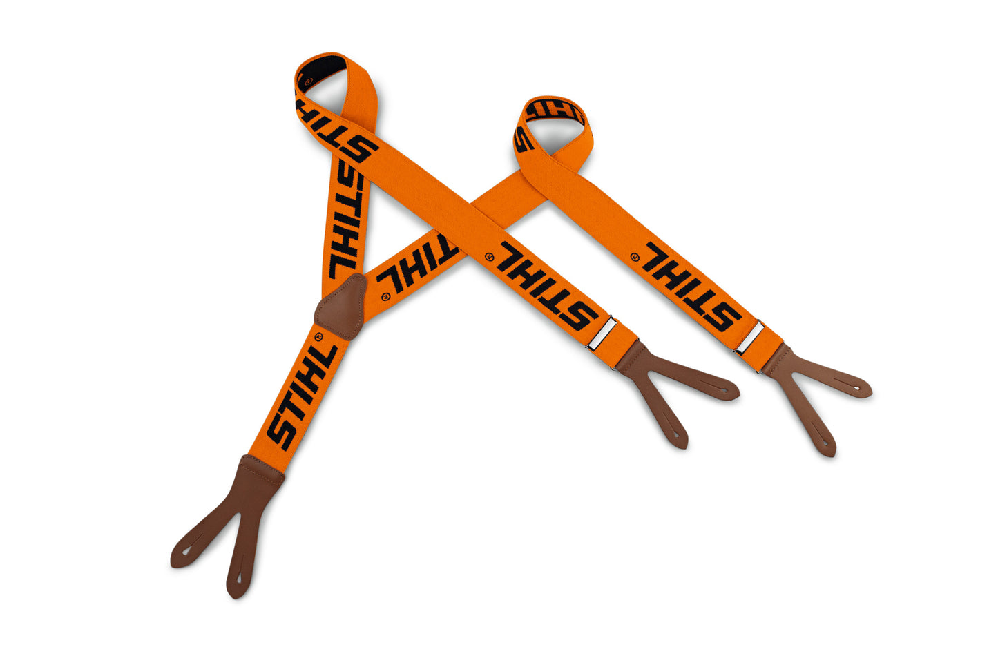 Bretelle elastiche Stihl per potatori arancioni con aggancio a bottoni e dettagli in pelle