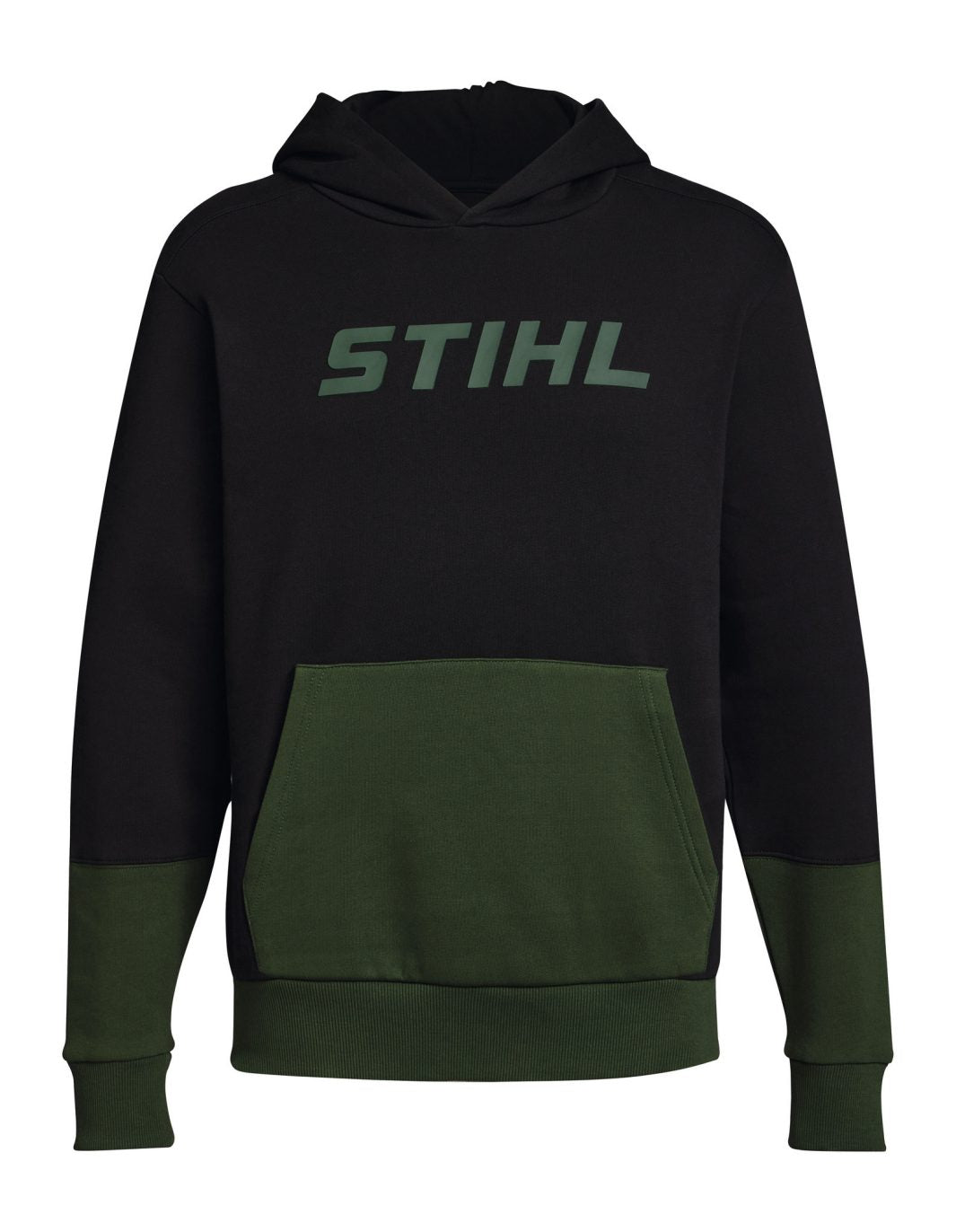 Felpa con cappuccio Stihl bicolore nero e verde con logo Stihl sul petto