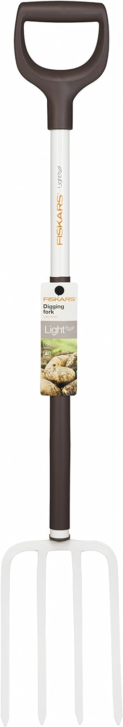 Forcone Fiskars Light con etichetta prodotto e 4 denti in acciaio