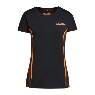 Maglietta tecnica donna Stihl SZ Score STIHL TIMBERSPORTS nera con dettagli arancioni