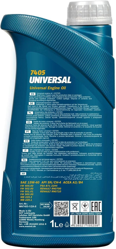 Etichetta posteriore olio motore Mannol Universal 15W-40 1L con specifiche API SN/CH-4 e ACEA A3/B4