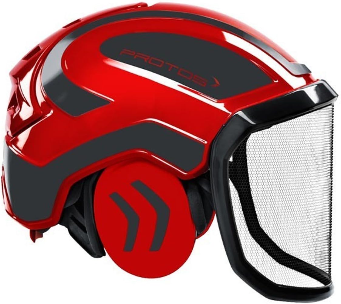 Casco di sicurezza forestale Protos con visiera sottile e cuffie antirumore integrata colore rosso e nero