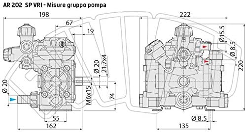 Schema misure gruppo pompa motopompa Annovi Reverberi AR 202 SP VRI