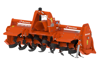 Fresatrice Sicma CS 145 vista frontale con rotore e zappe per lavorazione del terreno
