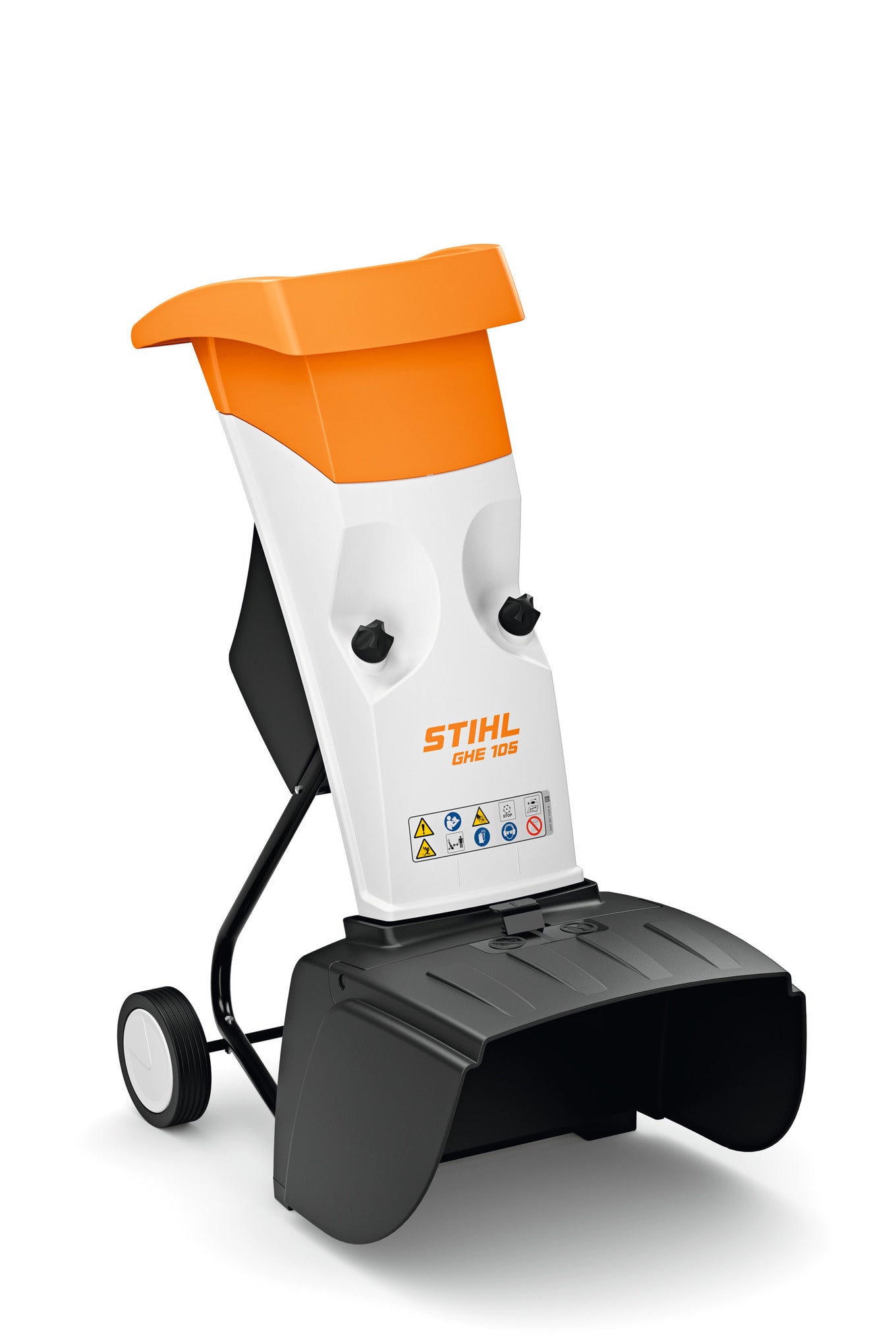 Biotrituratore elettrico Stihl GHE 105 vista laterale con apertura a quadrifoglio e telaio
