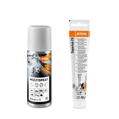 STIHL Care & Clean Kit FS con Multispray e grasso ingranaggi Superlub FS per manutenzione decespugliatori e tagliabordi