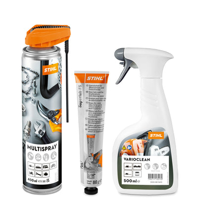 STIHL Care & Clean Kit FS Plus con Multispray, grasso Superlub FS e detergente Varioclean per pulizia e manutenzione decespugliatori