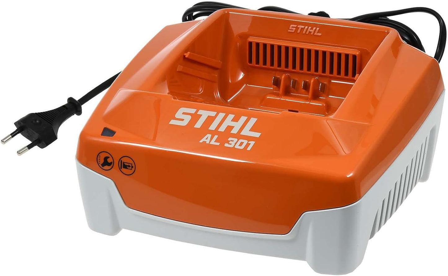Caricabatterie rapido Stihl AL 301/AL 300, vista prospettica con alloggiamento batteria