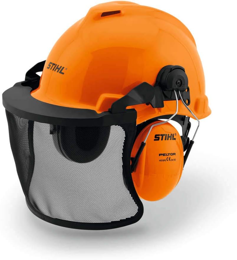 Casco di sicurezza Stihl Function Universal con visiera a rete e protezioni udito arancioni