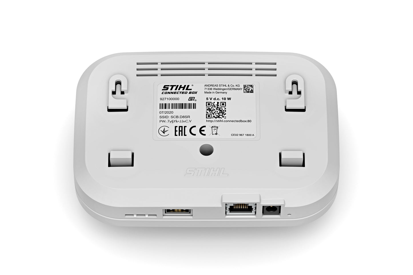 STIHL Connected Box vista inferiore con etichetta prodotto e porte