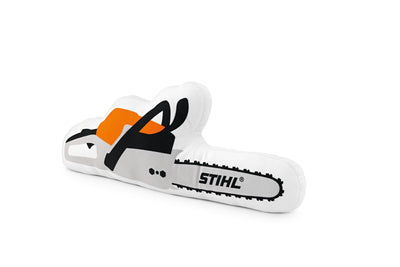 Cuscino Stihl a forma di motosega in peluche bianco