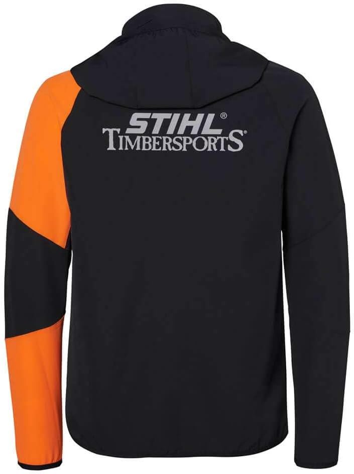 Giacca a vento STIHL Timbersports arancio e nera taglia XXL vista posteriore con cappuccio
