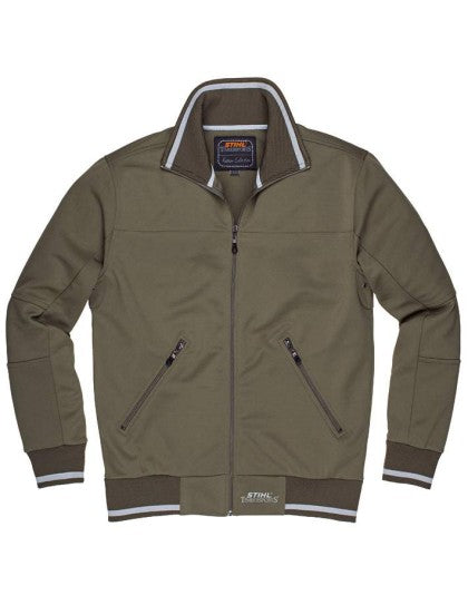 Giacca Stihl Timbersports casual verde taglia XS con zip frontale colletto alto e tasche laterali con cerniera