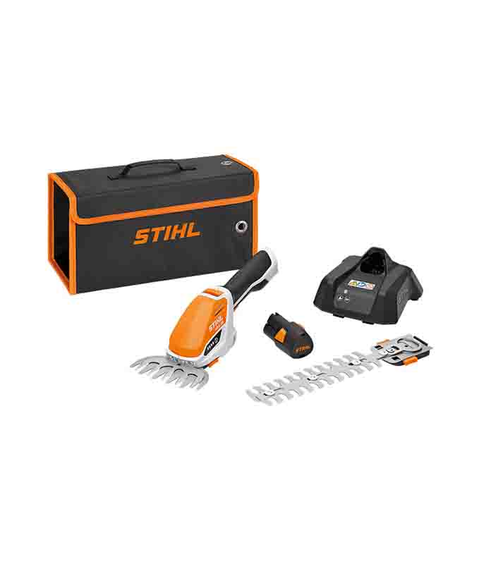 STIHL HSA 26 rifinitore a batteria con dotazione e accessori mostrati