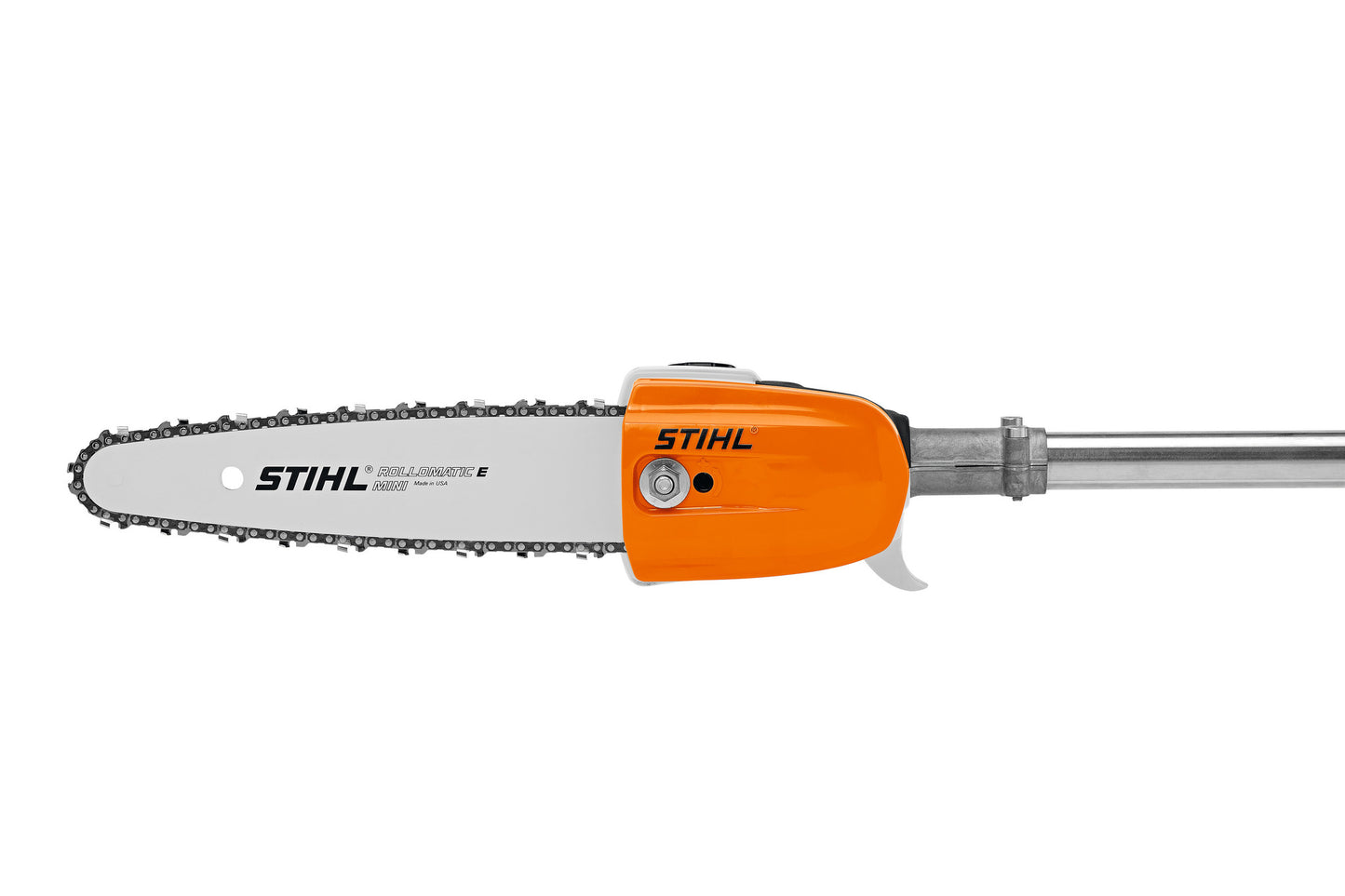 Dettaglio laterale gruppo di taglio Stihl HT 56 C-E con carter arancione e spranga