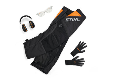 Kit STIHL FUNCTION MS: pantaloni antitaglio, cuffia antirumore, occhiali protettivi e guanti