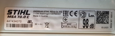 Etichetta identificativa motosega a batteria Stihl MSA 140 C