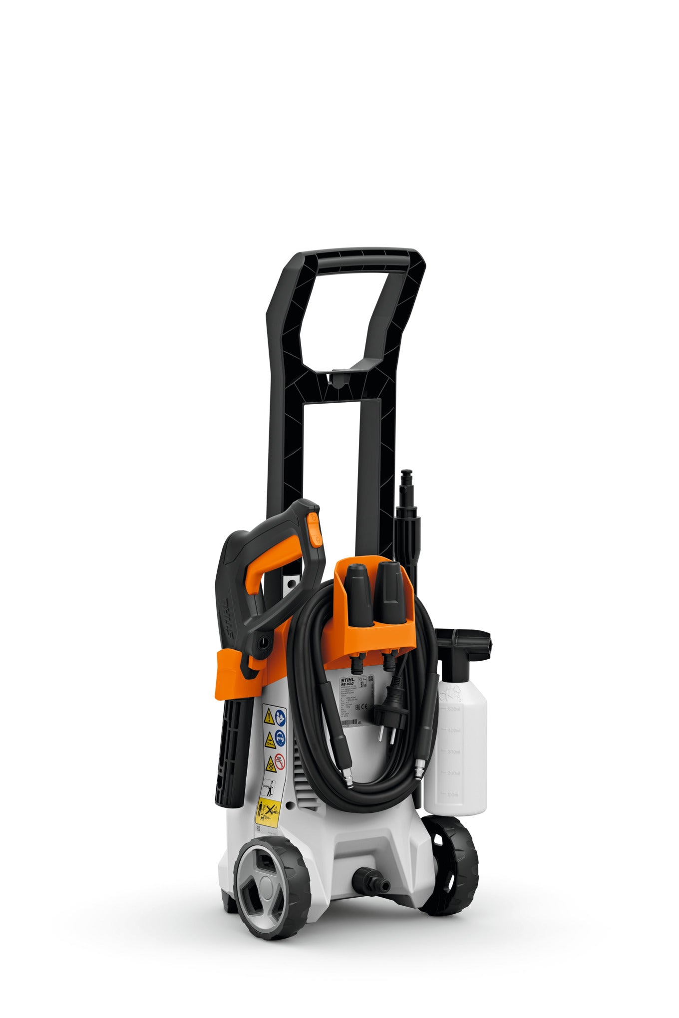 Vista posteriore idropulitrice Stihl RE 80 con tubo e supporti accessori