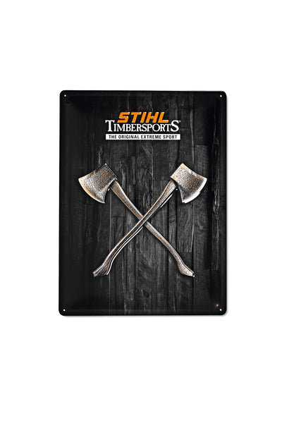 Targa in metallo STIHL TIMBERSPORTS nera con logo e asce incrociate, 4 fori per fissaggio