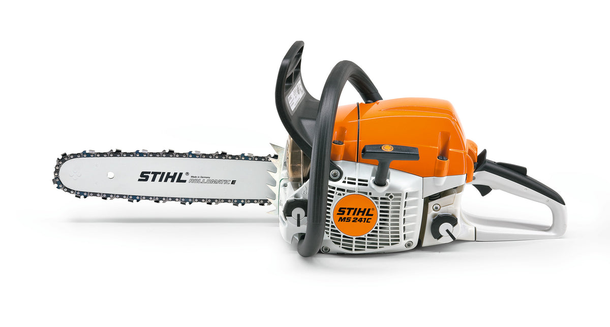Vista laterale della Motosega STIHL MS 241 C-M con dettagli su maniglie e design compatto.