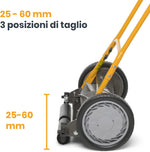 Rasaerba manuale con altezza di taglio regolabile da 25 a 60 mm, tre posizioni di taglio, ruote robuste e manico ergonomico giallo. Ideale per giardini di piccole e medie dimensioni.