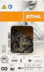 Confezione catena motosega STIHL 3667 000 0067 Oilomatic Duro, lunghezza 40 cm, 67 maglie, passo 8,25 mm (0,325"), spessore 1,6 mm (0,063"), angolo 30°, per taglio preciso e duraturo, ideale per uso professionale.
