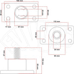 Disegno tecnico di un componente meccanico con misure dettagliate: 165x90 mm, 67 mm, 25 mm, 49 mm, 110 mm, 34 mm, 85 mm, 40 mm, 155 mm, 85 mm, 67 mm e 17 mm. Include viste laterali e frontali con indicazioni di fori e dimensioni.
