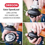 "Oregon Gator SpeedLoad: caricamento filo a disco per decespugliatore in 20 secondi, lunga durata. Immagini passo-passo del montaggio della testina per decespugliatore. Ideale per giardinaggio e manutenzione del prato."
