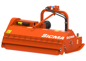 Trinciatrice Sicma TE 160 vista posteriore, con rullo posteriore e logo ben visibili sulla scocca arancione.
