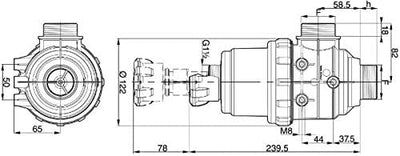 Disegno tecnico filtro di aspirazione Arag con valvola G 1" 1/2 e quote dimensionali