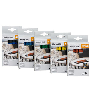 Immagine di gesso per marcatura Stihl su una superficie di legno, dimostrando la vivacità del colore.