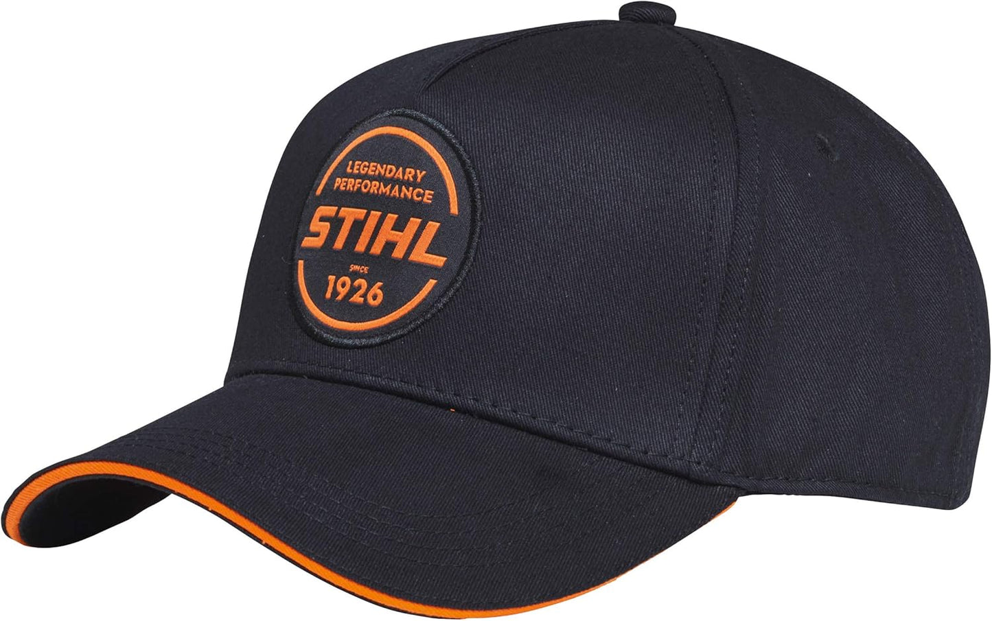 Berretto da baseball Stihl Logo Circle nero con dettagli arancioni e patch frontale