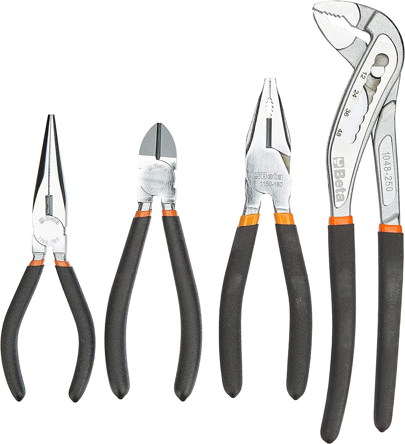 Set Beta 1169/D4 utensili: pinza a becco 1166, tronchese 1082, pinza universale 1150 e pinza regolabile 1048
