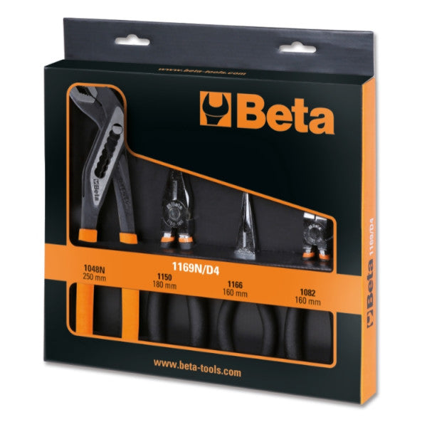 Assortimento Beta 1169N/D4 con pinza poligrip 1048N, pinza universale 1150, pinza 1166 a becchi mezzotondi lunghissimi e tronchese 1082