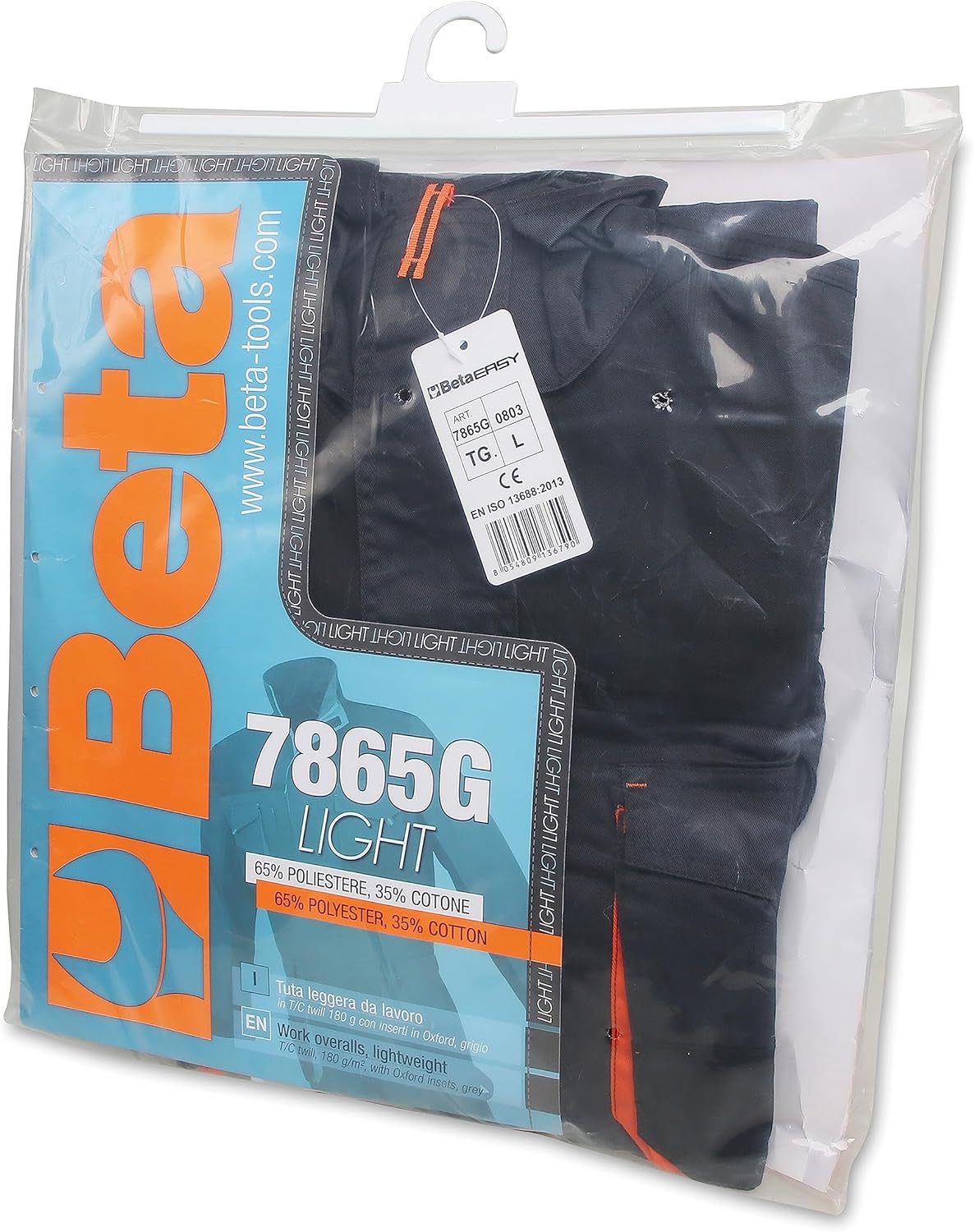 Confezione tuta da lavoro Beta 7865G Light con indicazione composizione 65% poliestere 35% cotone