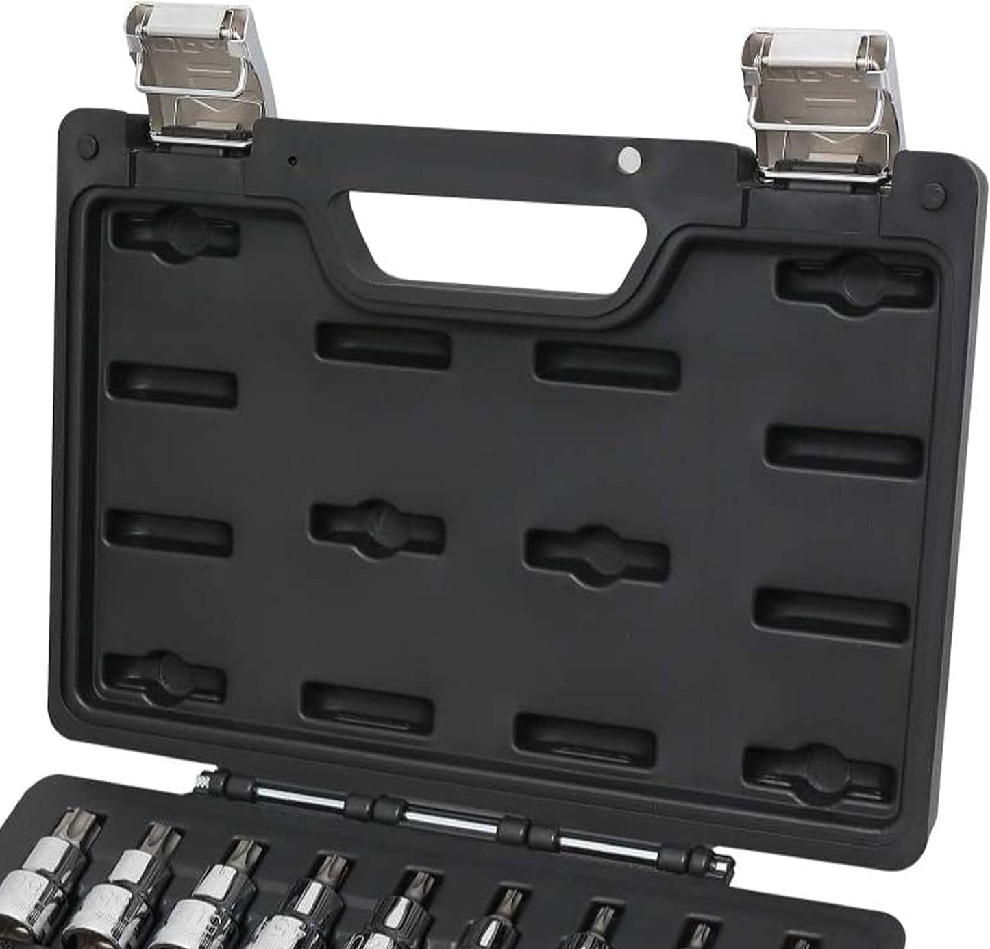Cassetta plastica nera Beta per set bussole Torx con chiusure metalliche