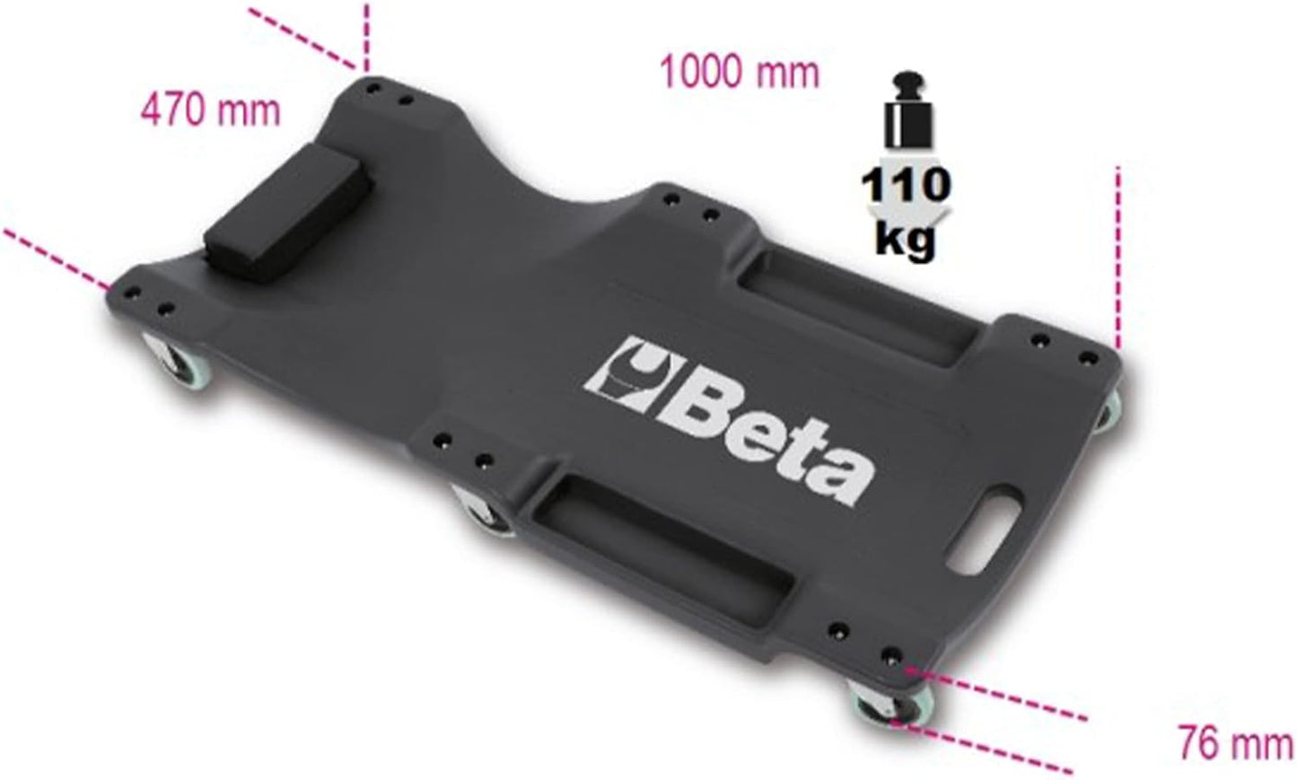 Lettino sottomacchina scorrevole Beta con indicazione dimensioni e portata 110 kg