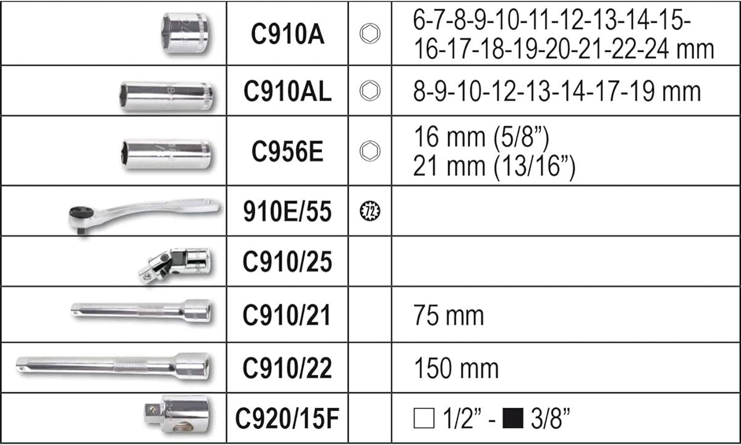 Tabella componenti set chiavi a bussola Beta con codici e misure in mm
