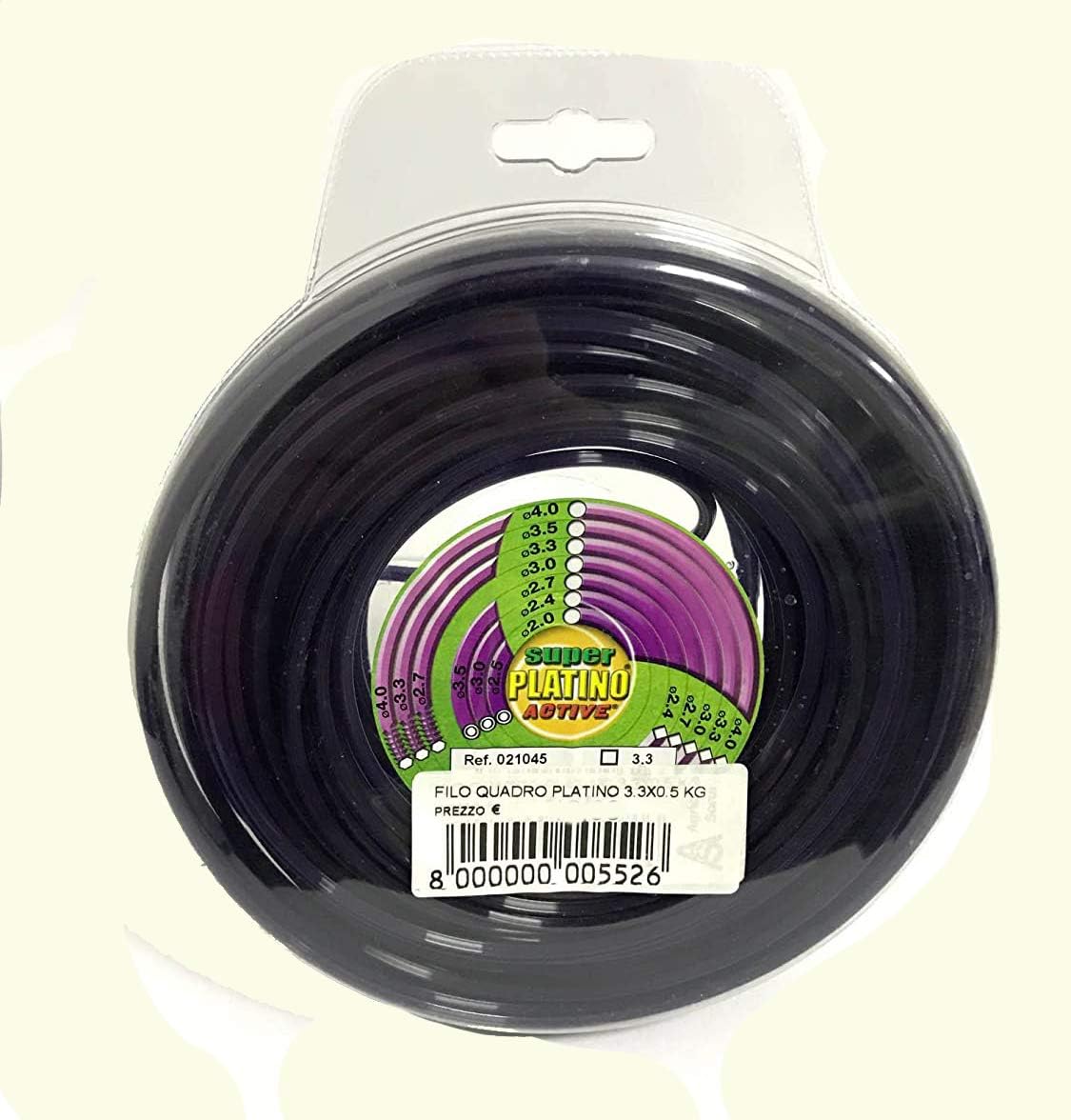 Filo quadro Platino, 3.3 mm, confezione da 5 kg, nero, marca Super Platino Active, codice 021045, ideale per decespugliatori e attrezzature da giardinaggio, resistente e durevole, codice a barre 8000000005526.