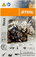 Catena motosega STIHL Hexa 36 RH Rapid, passo 3/8", spessore 1,6 mm, 72 maglie, lunghezza 50 cm, tecnologia Oilomatic, codice prodotto 3132 000 0072, confezione originale.