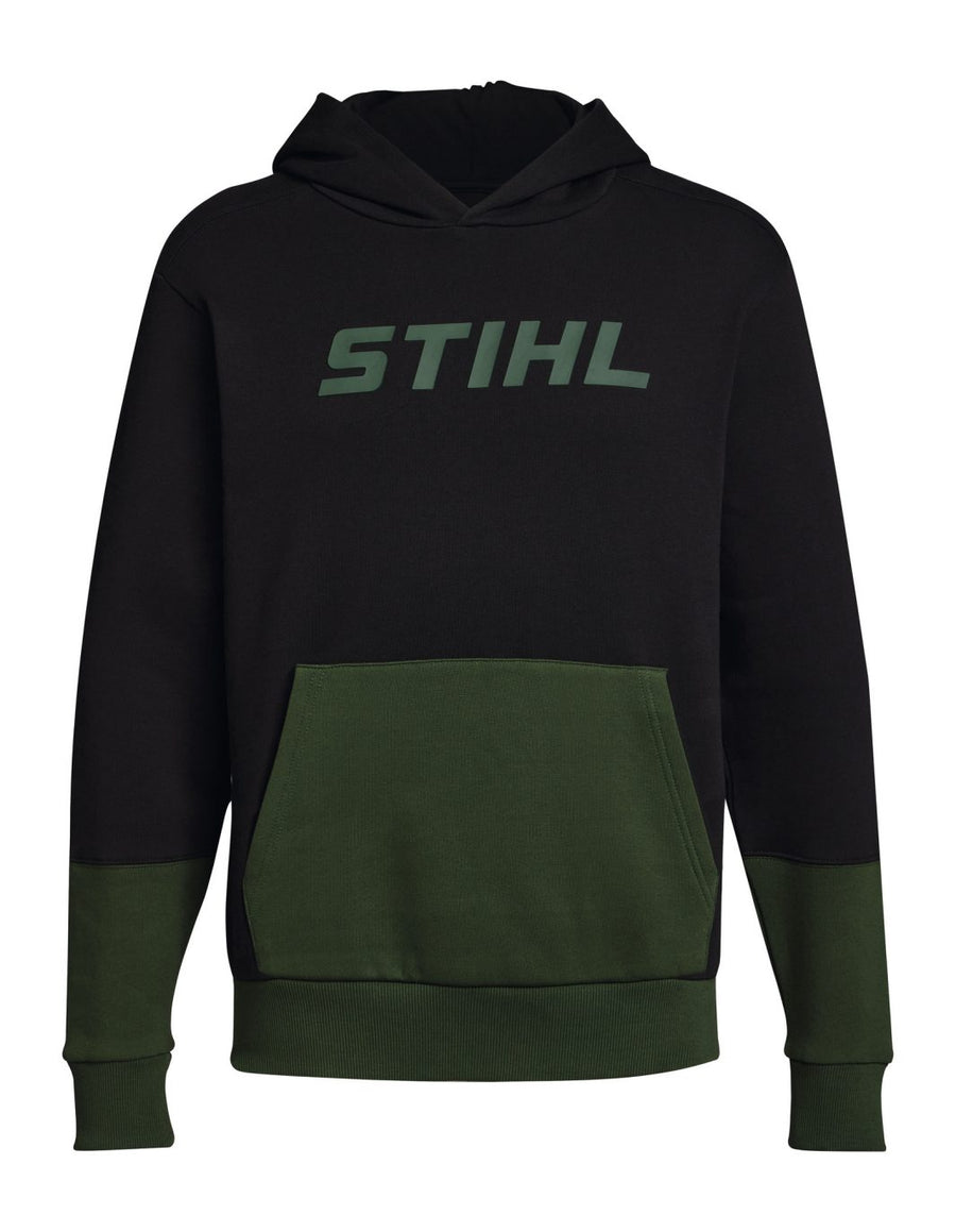 Felpa con cappuccio Stihl bicolore nero e verde con logo Stihl sul petto