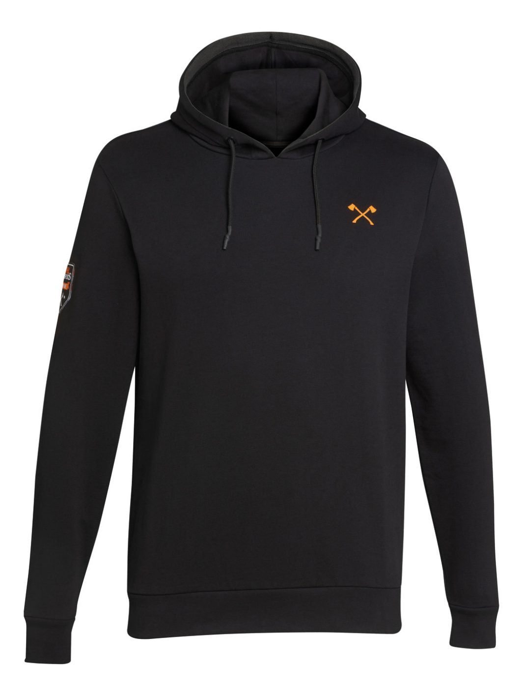 Felpa con cappuccio Stihl Timbersports Small Axe nera con stampa arancione asce incrociate