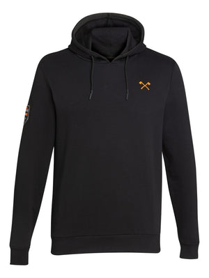 Felpa con cappuccio Stihl Timbersports Small Axe nera con stampa arancione asce incrociate